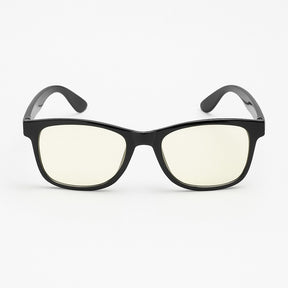 Blue light filtering glasses with a sleek black frame and light yellow tinted lenses, designed to reduce eye fatigue. The glasses have a rectangular shape with slightly curved temples.