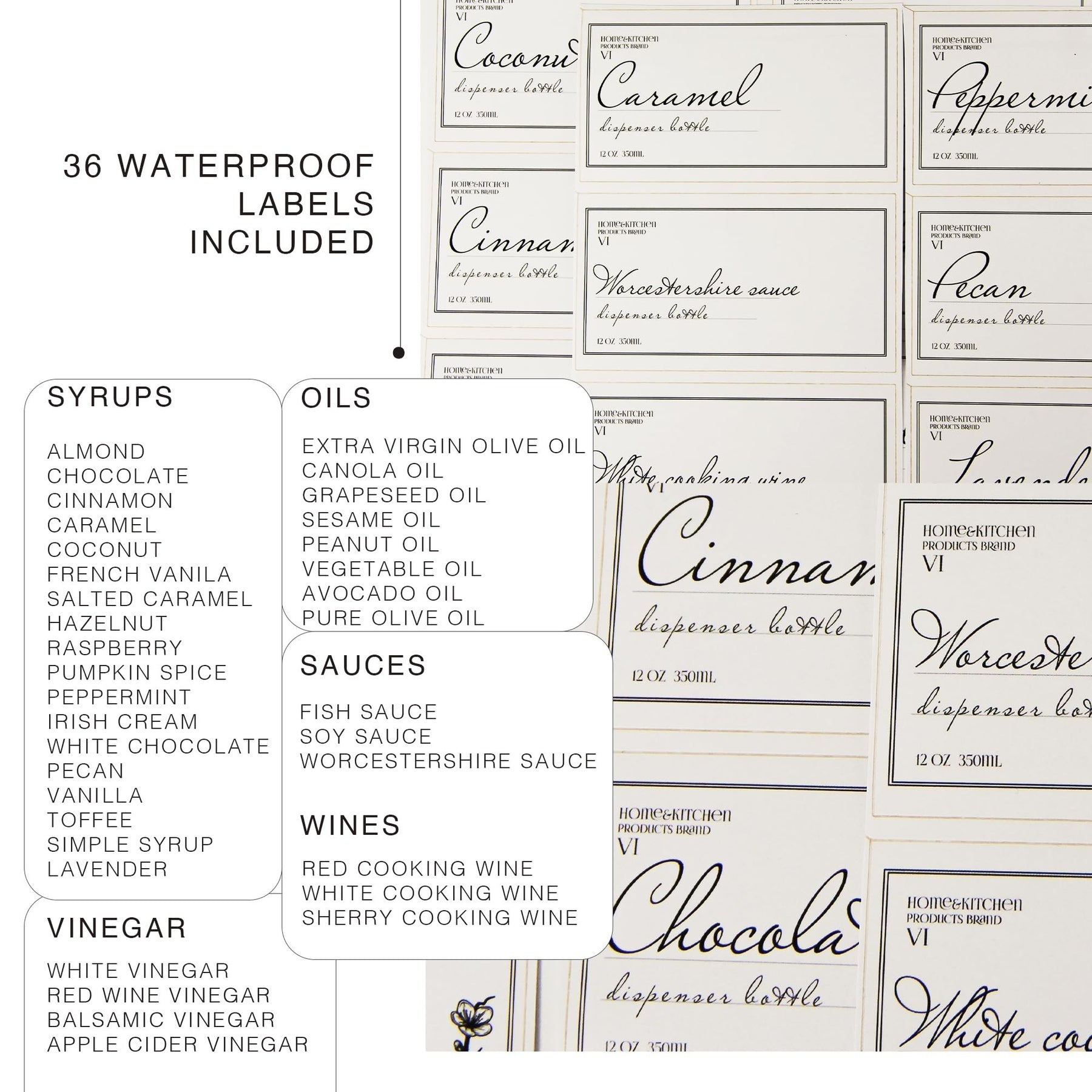 A collection of 36 waterproof labels is displayed, featuring various names for oils, syrups, sauces, vinegars, and wines, including "Coconut," "Cinnamon," and "Worcestershire sauce," presented on a white background with elegant typography.