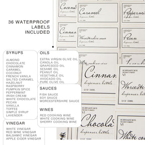 A collection of 36 waterproof labels is displayed, featuring various names for oils, syrups, sauces, vinegars, and wines, including "Coconut," "Cinnamon," and "Worcestershire sauce," presented on a white background with elegant typography.