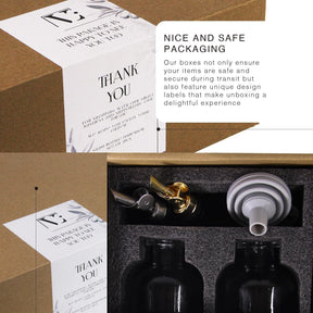The image displays the packaging of the oil and vinegar dispensers, featuring a thank you note and a protective foam insert that holds two black glass bottles along with their gold and silver metal pour spouts. The design highlights customer appreciation and provides a secure unboxing experience.