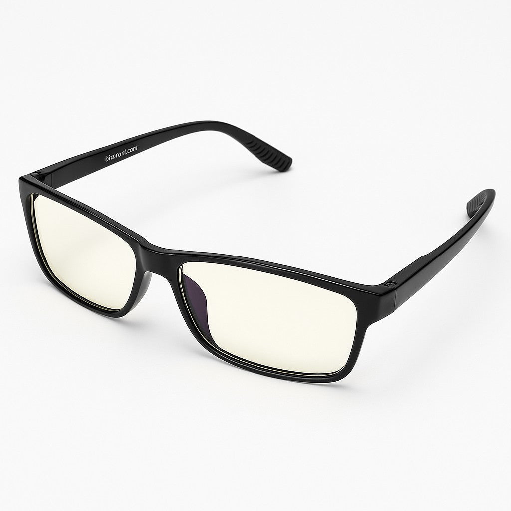 Black rectangular computer glasses with yellow-tinted lenses, featuring a sleek design and rubberized temple tips for comfort. The lenses have a slight purple tint in the corners to enhance blue light filtering.