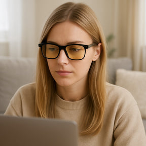 A person with long blond hair is wearing black frame blue light filtering glasses while focused on a laptop screen. The setting is a cozy room with soft lighting and a neutral color palette.