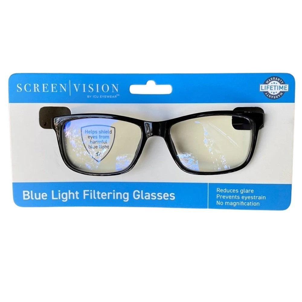 Black blue light filtering glasses displayed on a blue and white packaging, featuring a shield icon with text that reads "Helps shield eyes from harmful blue light." The packaging also includes mentions of glare reduction and prevention of eyestrain.
