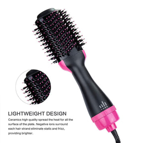 The hot air brush features a black body with pink accents, a round brush head with flexible bristles designed for styling, and control settings visible on the handle, labeled "HIGH," "MED," and "OFF."