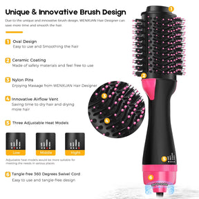 The hot air brush features an oval design for ease of use, a ceramic-coated surface, and nylon bristles for a massaging effect. It includes adjustable heat settings and a tangle-free swivel cord for convenient styling.