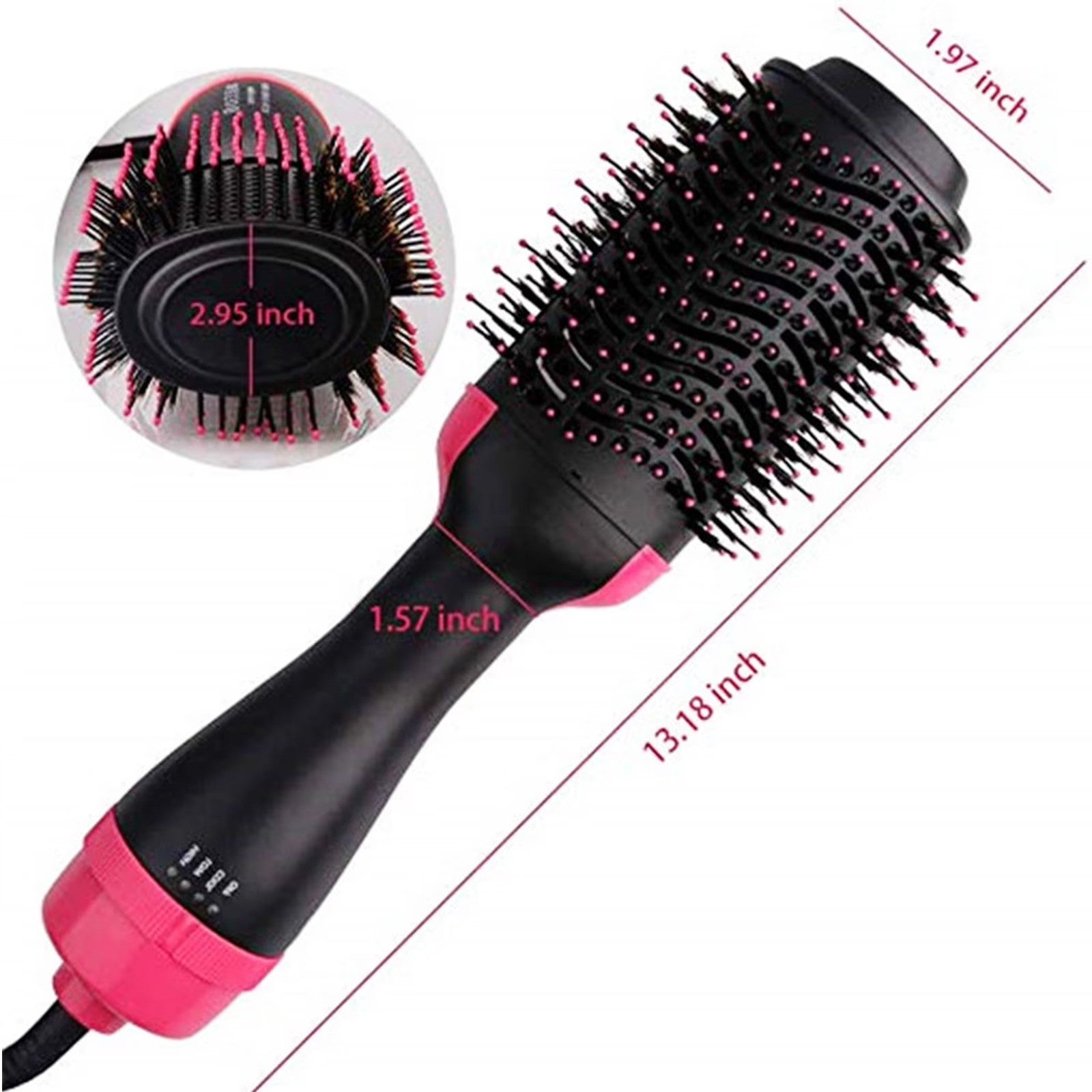 The hot air brush features a round brush head with a combination of bristles and is primarily black with pink accents. Measurements for reference are included, showing dimensions for the brush head and handle.