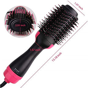 The hot air brush features a round brush head with a combination of bristles and is primarily black with pink accents. Measurements for reference are included, showing dimensions for the brush head and handle.