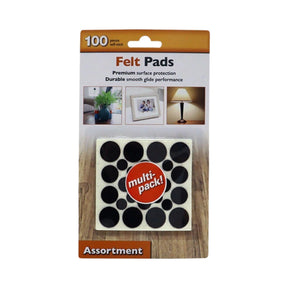 A pack of 100 self-stick premium felt pads in various sizes, featuring a predominantly white background with multiple black circular pads displayed. The packaging includes a bold "multi-pack!" label in red and additional images showing usage scenarios.