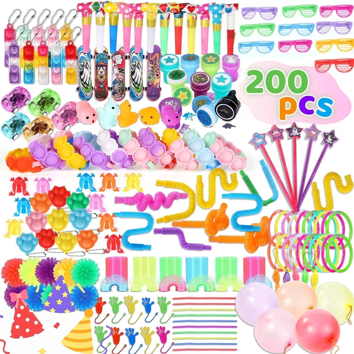A colorful assortment of 200 small toys including party favors like whistles, plastic glasses, rubber ducks, noise makers, and colorful straws, arranged in a vibrant layout ideal for goodie bags.