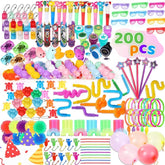 A colorful assortment of 200 small toys including party favors like whistles, plastic glasses, rubber ducks, noise makers, and colorful straws, arranged in a vibrant layout ideal for goodie bags.