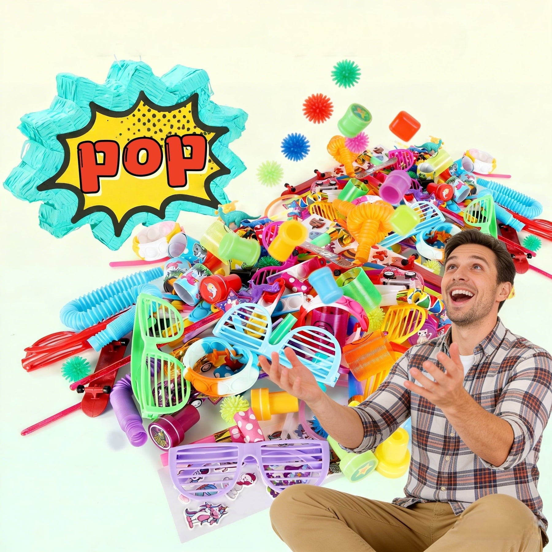 A variety of colorful small toys are scattered around a man sitting on the floor, joyfully catching some of the toys as they fall, with a "POP" graphic in the background.