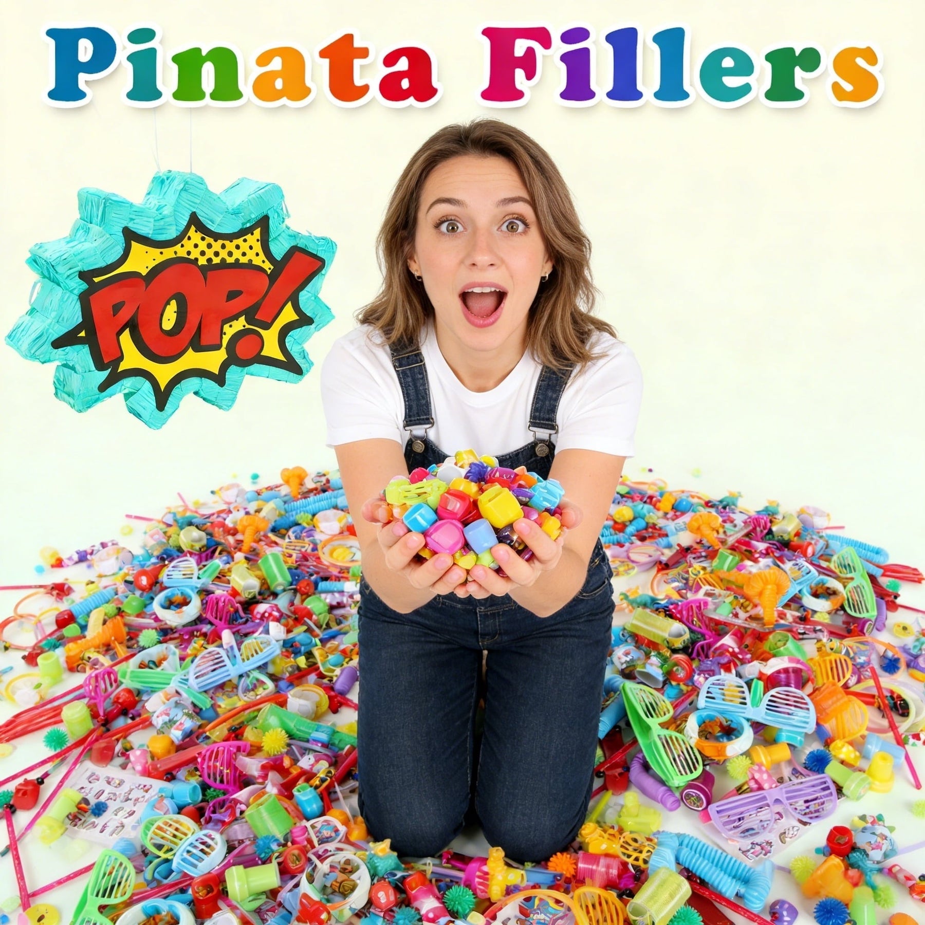 A cheerful woman holds a colorful assortment of small toys in her hands while surrounded by a vibrant array of toy items on the ground. Above her, a pinata shaped like a comic speech bubble with the word "POP!" adds a playful touch to the scene.