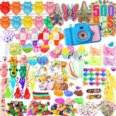 A vibrant assortment of 500 small toys, including colorful figures, playful gadgets, and novelty items, arranged in a variety of shapes and sizes, perfect for parties and rewards. Bright colors like pink, yellow, green, and blue dominate the collection, showcasing items such as mini cars, animals, and playful fidget toys.
