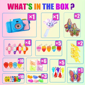 Colorful assortment of 500 small toys arranged in a tray, featuring items such as a toy camera, a hand clapper, mini rockets, and various shapes and colors of small figures. Each section is labeled with the quantity of toys included, set against a soft pastel background.