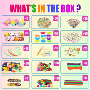 Colorful tray displaying various small toys and party favors, including mini cars, animal figures, stickers, and assorted decorations, all organized in labeled groups with indicated quantities.