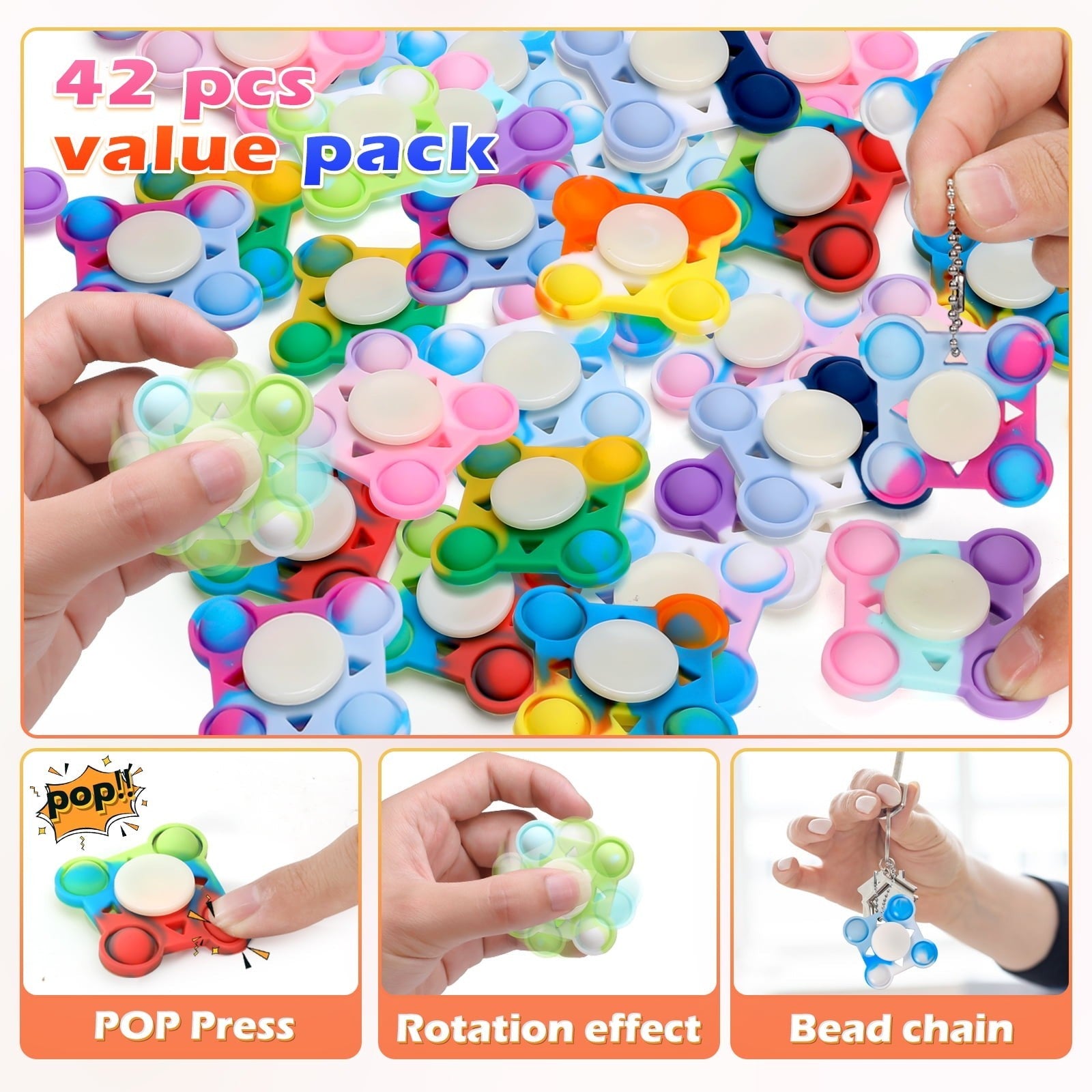 Colorful assortment of small fidget toys featuring various shapes, prominently a pop-press design, displayed together on a tray with hands demonstrating their use.