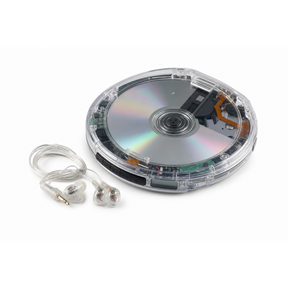 The transparent Amp'd Clear Portable CD Player features a shiny disc and visible internal components, accompanied by a pair of clear in-ear headphones with a flexible cable.