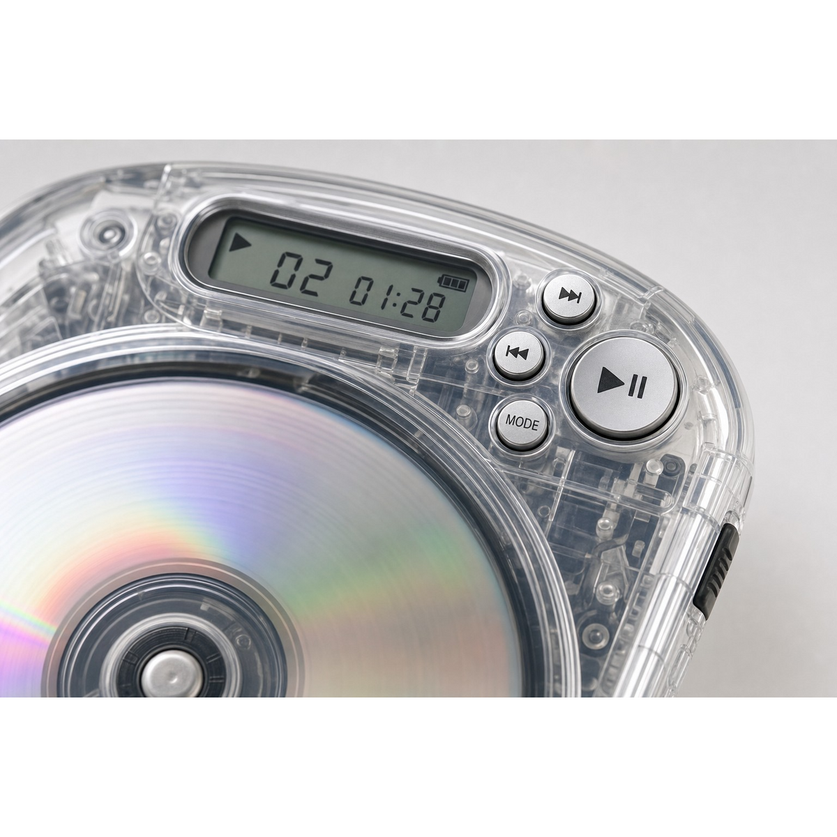 Close-up view of the Amp'd Clear Portable Walkman CD Player, highlighting the transparent casing, circular CD compartment, and control buttons including play, rewind, and mode settings, with the display screen showing track information and play time.