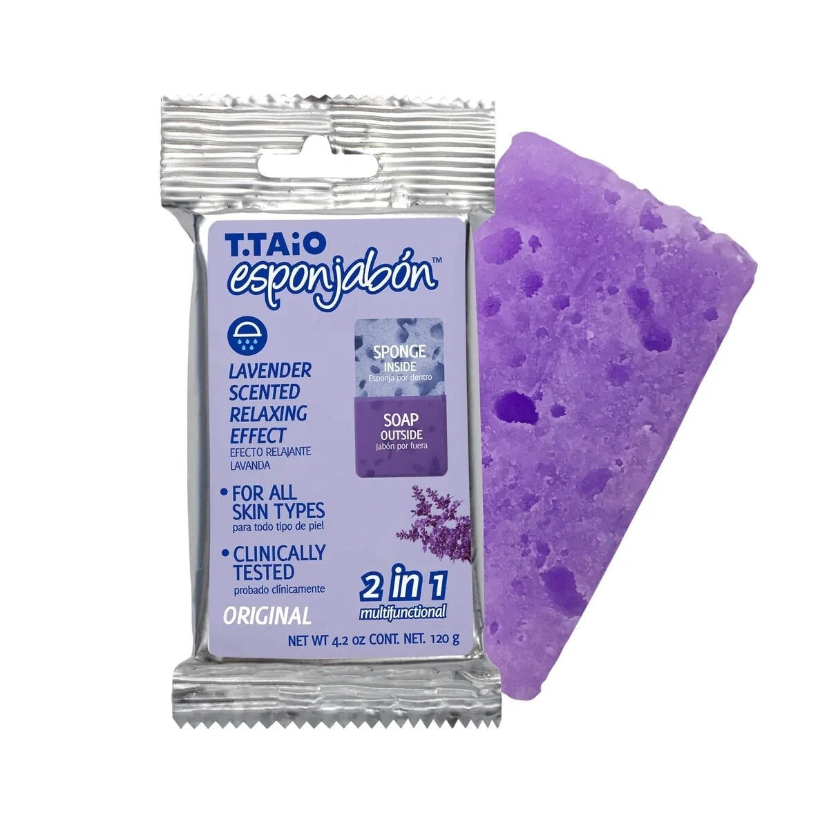 A lavender-scented T.Taio Esponjabon, featuring a textured purple sponge and soap integrated into one product, displayed in its packaging with text highlighting its multifunctional use.