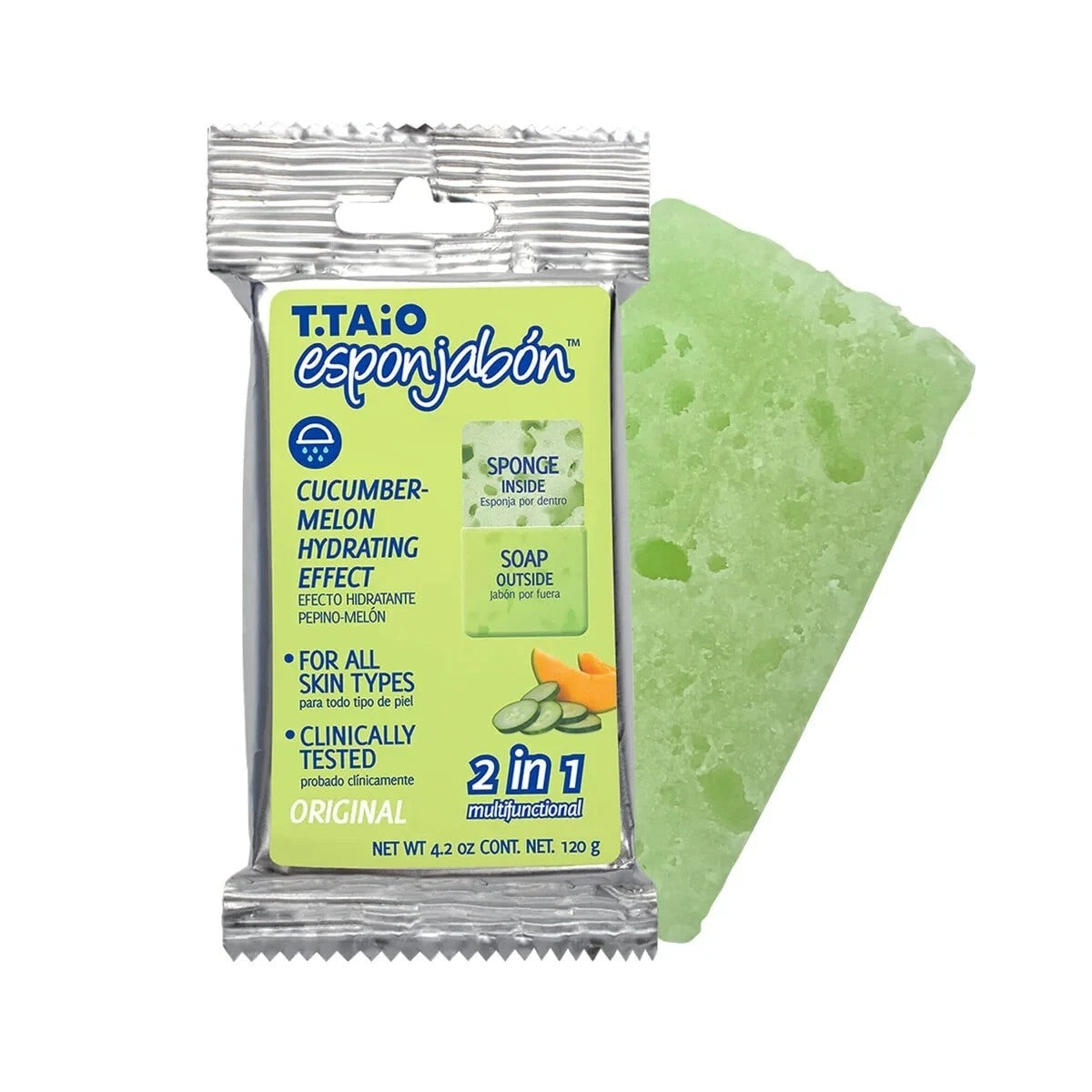Green, 2-in-1 sponge and soap product with a textured exterior, featuring packaging that highlights "Cucumber-Melon Hydrating Effect" and details about its multifunctional use. The product is labeled for all skin types and is clinically tested.