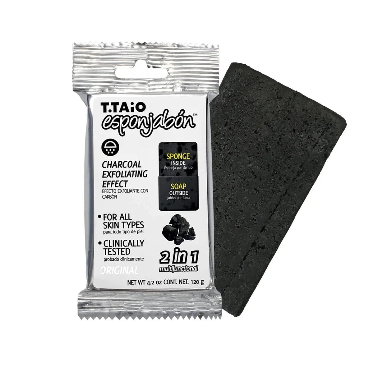 Black rectangular sponge and soap hybrid with a textured surface, packaged in a clear wrapper featuring labels for "Sponge Inside," "Soap Outside," and "Charcoal Exfoliating Effect." The product is prominently marked "2 in 1" and is intended for all skin types.