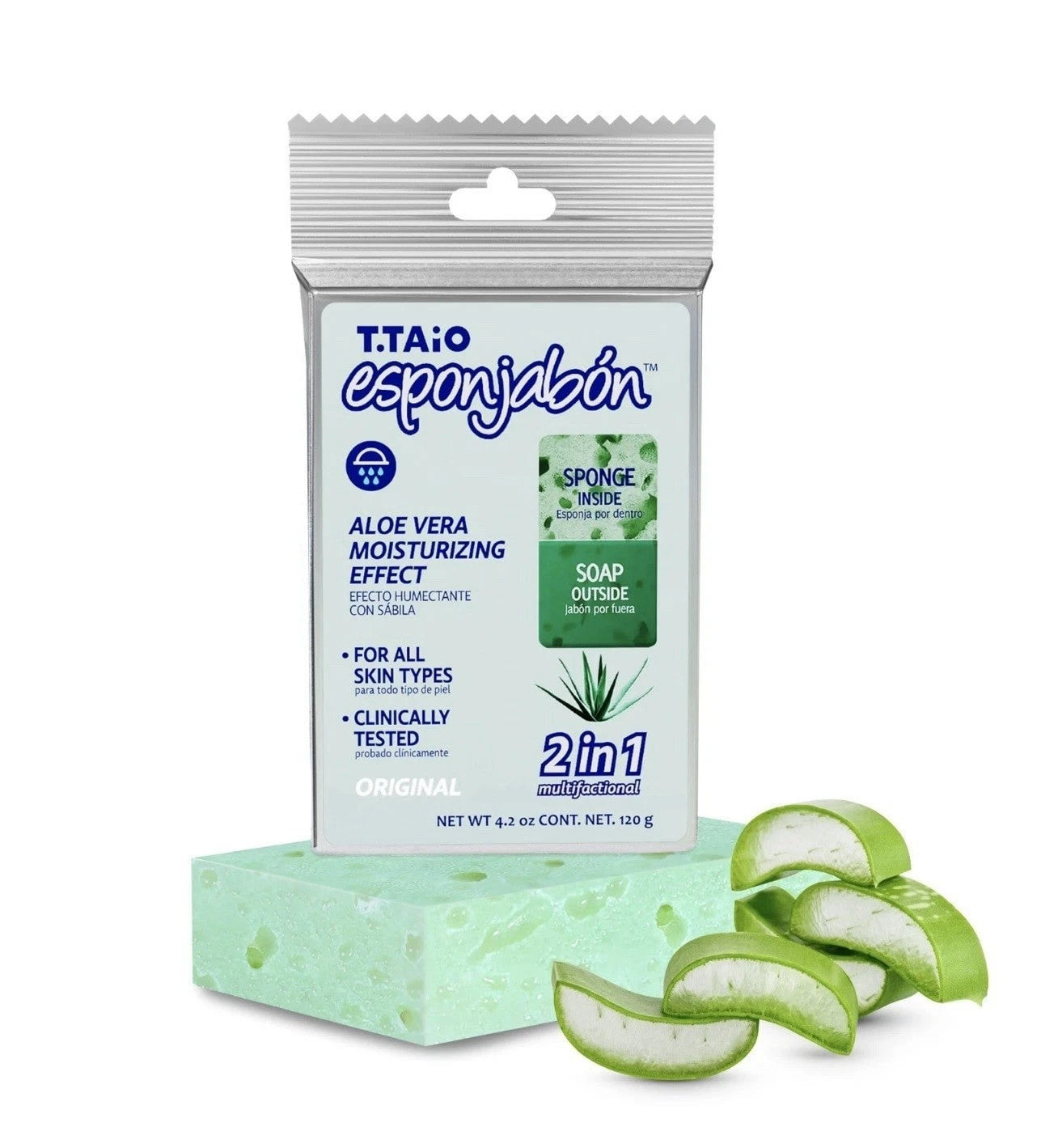 Translucent green sponge and soap package featuring Aloe Vera, with the text "Sponge Inside" and "Soap Outside," along with cut aloe vera leaves displayed in front.