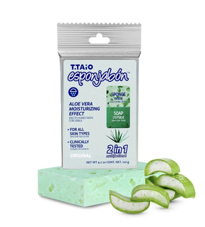 Translucent green sponge and soap package featuring Aloe Vera, with the text "Sponge Inside" and "Soap Outside," along with cut aloe vera leaves displayed in front.