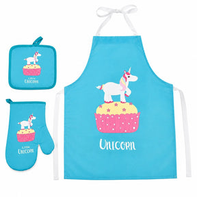 Bright turquoise apron, oven mitt, and pot holder set featuring a playful unicorn on a cupcake graphic. The apron includes ties at the neck and waist and has "Unicorn" printed in a fun font.