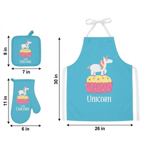 This colorful unicorn kitchen set features a blue apron, mitt, and pot holder, all adorned with a playful unicorn standing on a cupcake design. The apron measures 30 inches in length, while the mitt and pot holder are 11 inches and 8 inches respectively, making it perfect for young chefs.