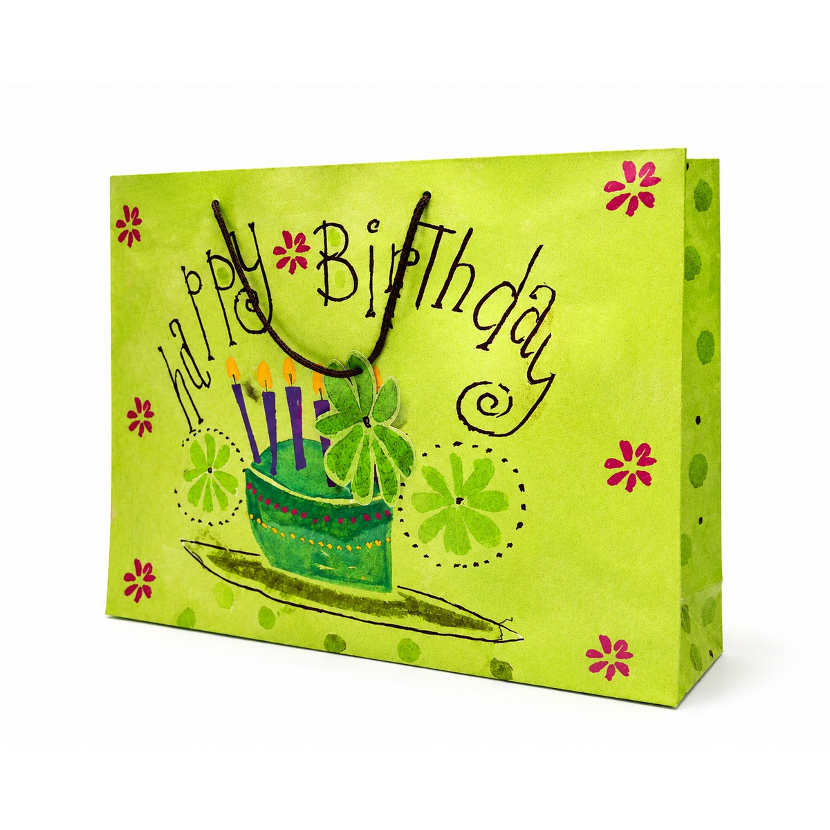 Bright green gift bag featuring the words "happy Birthday" in playful black lettering, adorned with illustrations of birthday candles and flowers. The sturdy bag has black rope handles, making it easy to carry.