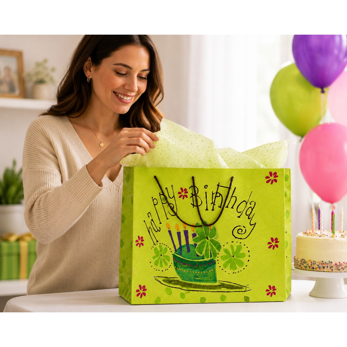 A woman with long, dark hair smiles as she opens a vibrant green gift bag decorated with a birthday cake and floral designs, revealing patterned tissue paper inside. Colorful balloons and a cake with candles are visible in the background.