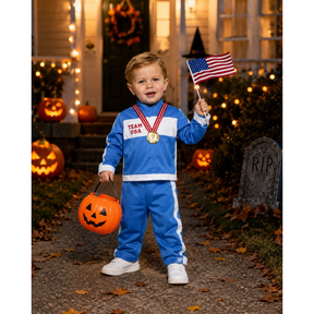 A toddler wears a vibrant blue tracksuit with white accents, featuring the text "TEAM USA," complemented by a gold medal and red and white ribbons around the neck. The child holds a small orange pumpkin-shaped candy bucket in one hand and an American flag in the other, set against a backdrop of decorated pumpkins and a cozy home entrance.