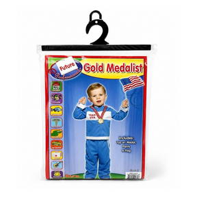 Costume packaging displaying a young child dressed in a blue and white athletic outfit, holding a small American flag and wearing a medal around their neck, with the label "Future Gold Medalist" prominently featured at the top.