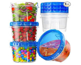 Clear plastic freezer storage containers in a stack, featuring bright blue twist lids, with various contents visible including salads, strawberries, and colorful candy. The set demonstrates six containers of different sizes, showcasing their versatility for food storage.