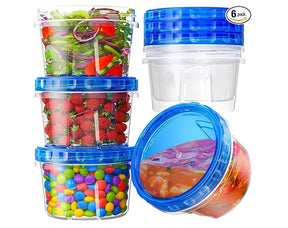 Clear plastic freezer storage containers in a stack, featuring bright blue twist lids, with various contents visible including salads, strawberries, and colorful candy. The set demonstrates six containers of different sizes, showcasing their versatility for food storage.