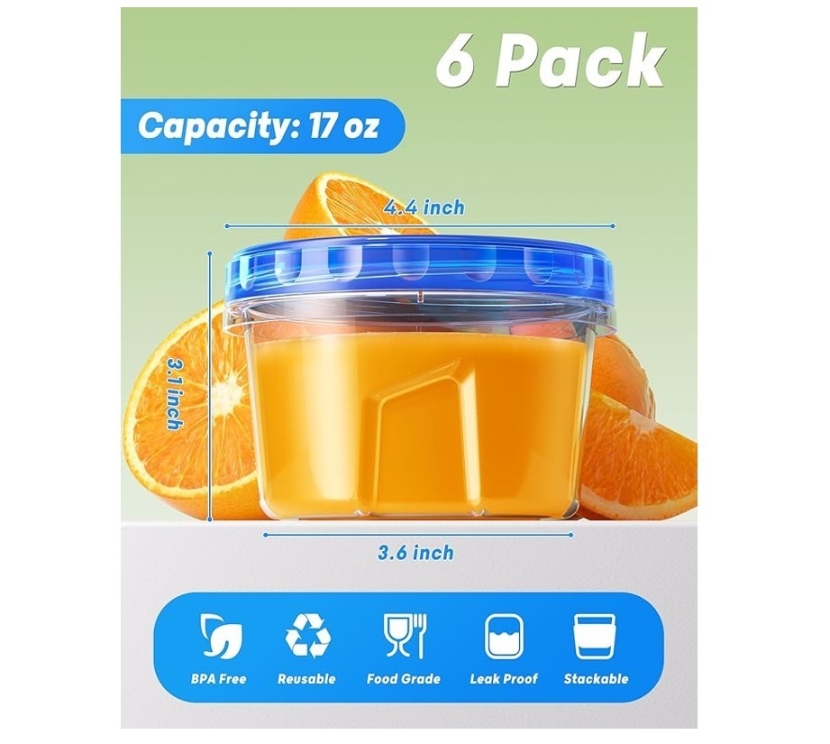 Transparent container featuring a blue twist lid, holding an orange liquid, with dimensions indicated as 4.4 inches wide, 3.1 inches tall, and 3.6 inches deep. Oranges are visible in the background, and icons below highlight features such as being BPA free and reusable.