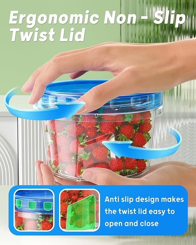 Container filled with strawberries, showcasing a hand demonstrating the ergonomic non-slip twist lid. The image highlights the anti-slip design feature, which makes the lid easy to open and close.