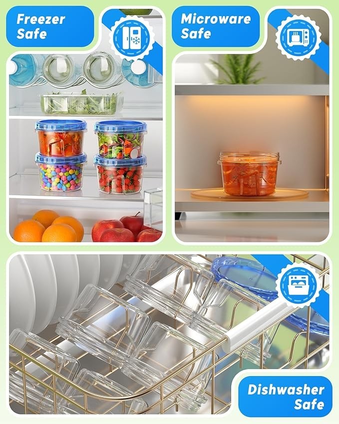 Collage showing three sections: the left features colorful food items in clear containers with blue twist lids labeled "Freezer Safe," the center displays a glass container with orange food in a microwave setting labeled "Microwave Safe," and the bottom right shows containers in a dishwasher with a label reading "Dishwasher Safe."