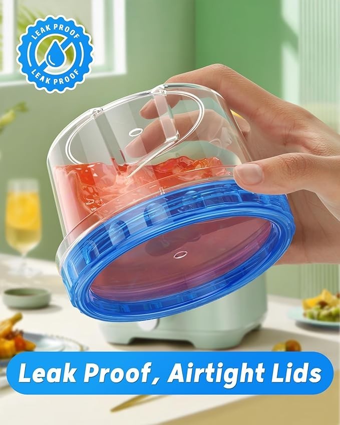 A hand holds a transparent storage container with a blue twist lid, revealing red contents inside, set against a soft-focus kitchen background. A blue seal promoting "Leak Proof, Airtight Lids" is displayed at the bottom.