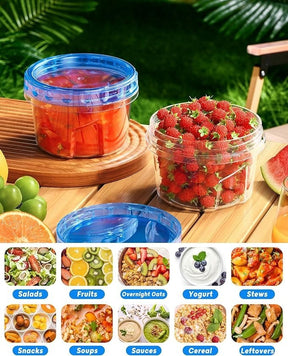 Two transparent plastic storage containers with blue twist lids, one filled with sliced red peppers and the other filled with fresh strawberries, are placed on a wooden surface amidst a backdrop of greenery.