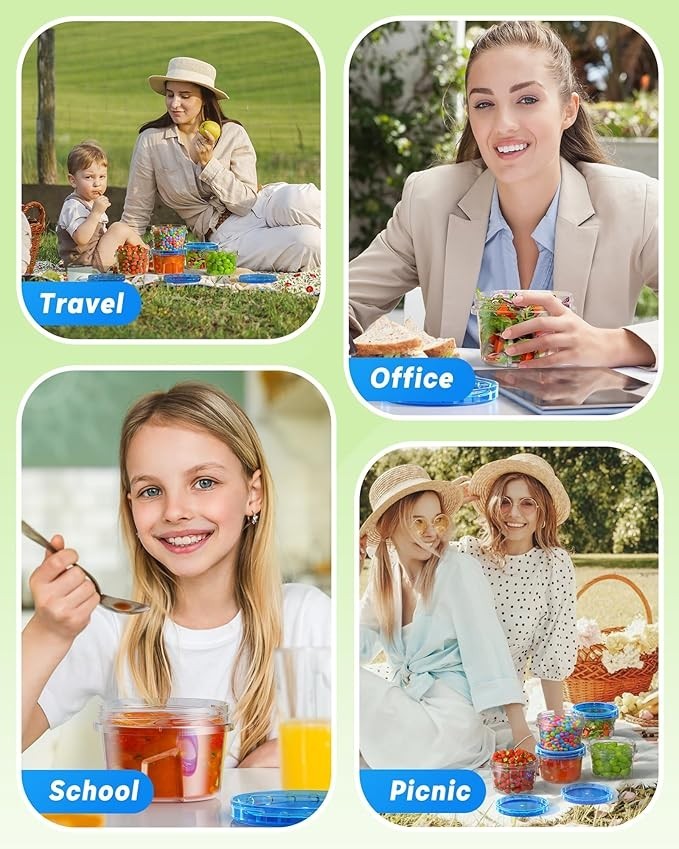 Four lifestyle scenes featuring 17 oz freezer storage containers: a child and adult picnic outdoors with colorful snacks, a woman in professional attire enjoying a salad at an office setting, a girl at school holding a container with food, and two women at a picnic enjoying assorted snacks and drinks.