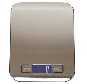Sleek stainless steel digital food scale with a smooth surface, showing a digital display reading "0 g" and two control buttons at the bottom.