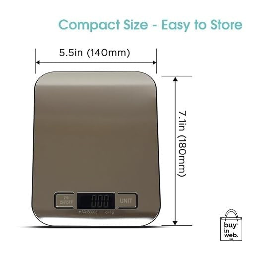 Digital food scale with a stainless steel surface, measuring 5.5 inches wide and 7.1 inches tall, featuring a clear LCD display and buttons for on/off and unit selection. Text on the top highlights "Compact Size - Easy to Store."