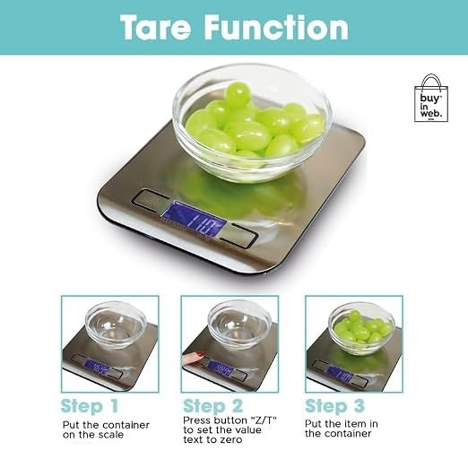 The digital food scale features a stainless steel platform with a bowl containing green grapes placed on it, illustrating the tare function. Instructions for using the tare function are shown in three steps below the scale.