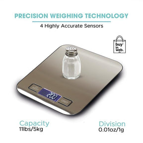 Stainless steel digital food scale features a glass salt shaker placed on its surface, showcasing the scale's blue LCD display that reads weight measurement. The design emphasizes precision weighing technology with clear capacity and division details highlighted.