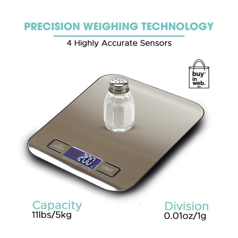 Stainless steel digital food scale features a glass salt shaker placed on its surface, showcasing the scale's blue LCD display that reads weight measurement. The design emphasizes precision weighing technology with clear capacity and division details highlighted.