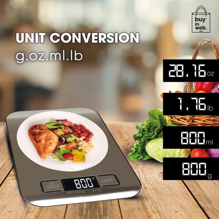 Digital food scale displaying a plate of grilled chicken and mixed vegetables, with a clear readout showing 800g. The background features a blurred kitchen setting with fresh produce, and highlighted unit conversion options for ounces, pounds, and milliliters.