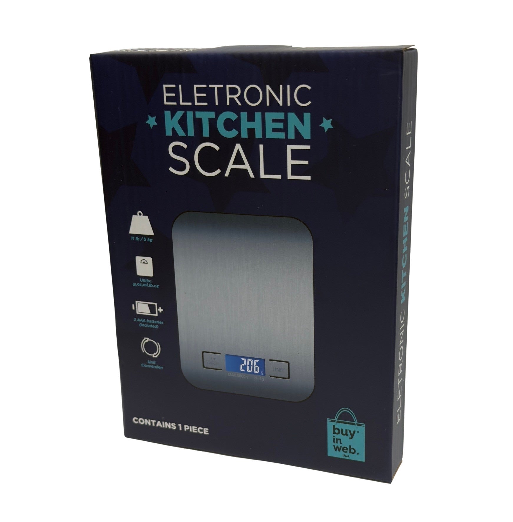 The packaging features a stainless steel digital kitchen scale with a blue LED display showing a weight of 206 grams, along with icons for unit conversion and battery information. The front of the box is dark with teal and white text that reads "Electronic Kitchen Scale."