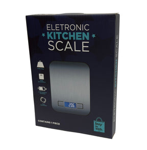 The packaging features a stainless steel digital kitchen scale with a blue LED display showing a weight of 206 grams, along with icons for unit conversion and battery information. The front of the box is dark with teal and white text that reads "Electronic Kitchen Scale."