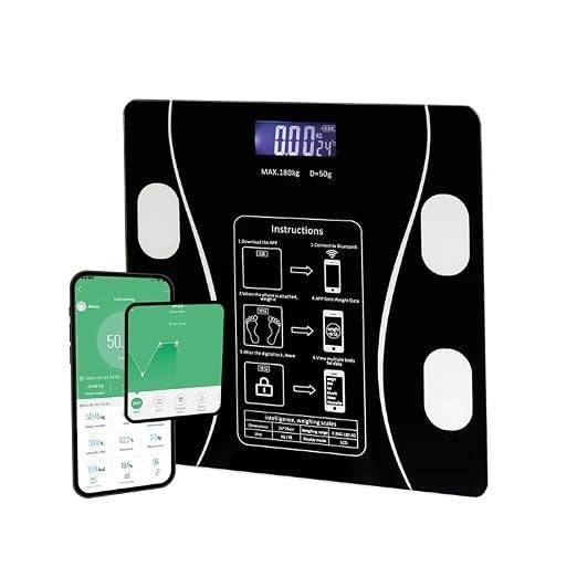 Smart scale featuring a sleek black design with a digital display at the top, showing a weight reading, and four white sensors at the corners. A smartphone with a health app is displayed beside the scale, illustrating its connectivity features.
